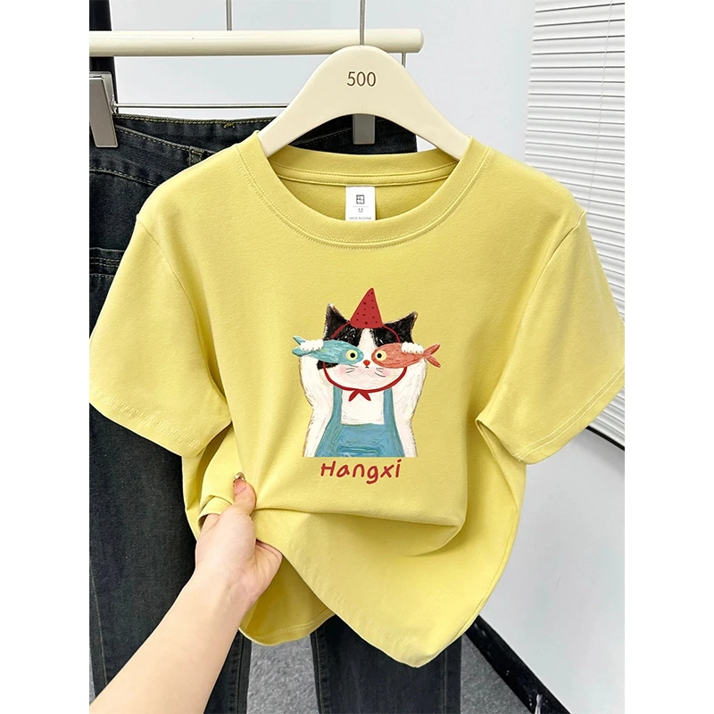 正肩短袖T恤女夏季新款韩版设计感小众时尚圆领洋气印花显瘦上衣