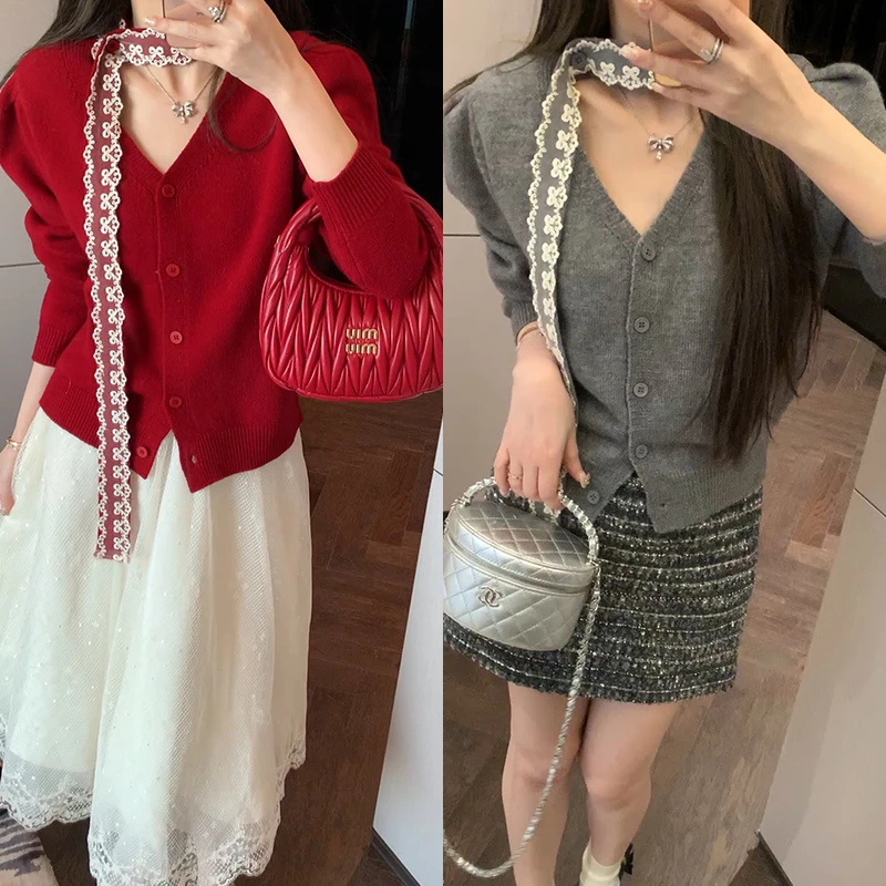 【mimius】&七七 蕾丝挂脖飘带V领针织衫 汉服(春节前发)WF12092