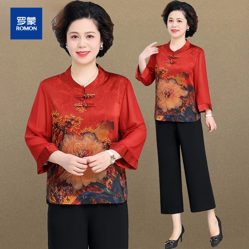 罗蒙妈妈夏装阔太太新中式印花小衫夏季套装女中老年国风两件套