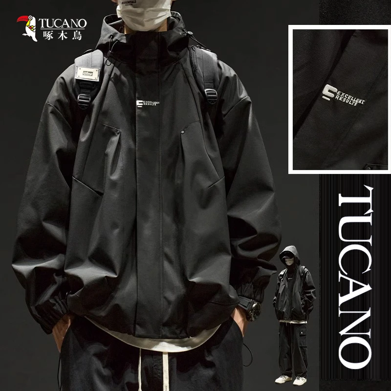 啄木鸟冲锋衣男款防风外套男生秋冬季户外登山防水连帽夹克棉服