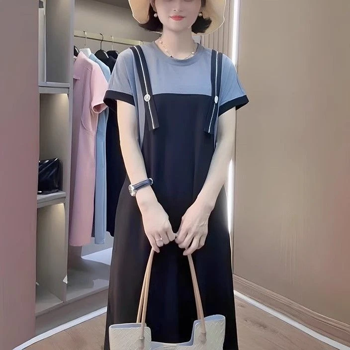 假两件拼接连衣裙女2025新款夏季韩版休闲时尚撞色宽松显瘦中长裙