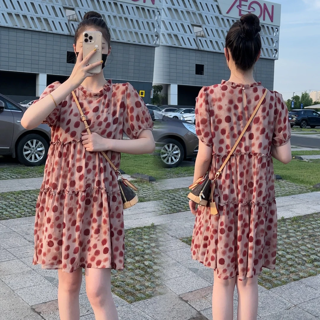韩系时尚波点印花短袖连衣裙女2025夏季新款洋气减龄木耳边中长裙