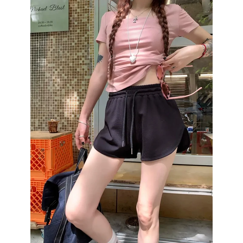 TZZZ甜辣妹套装短袖方领粉色T女夏季高腰休闲裤短裤抽绳热裤