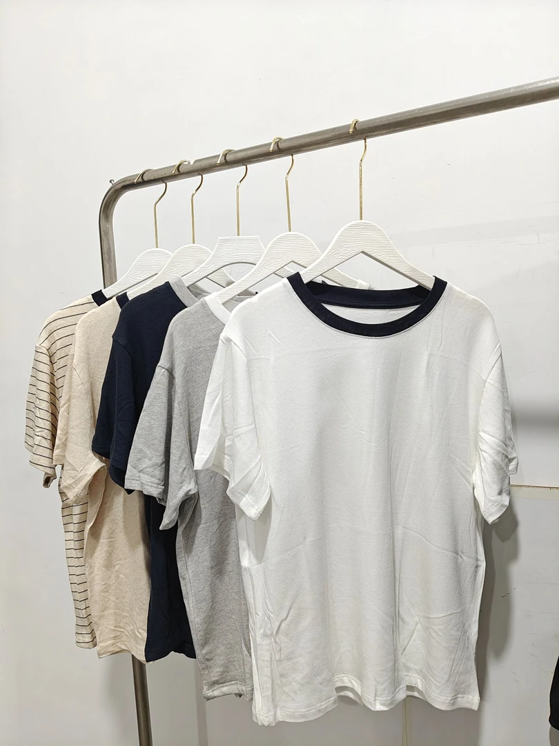 9756女士圆领亚麻撞色T恤