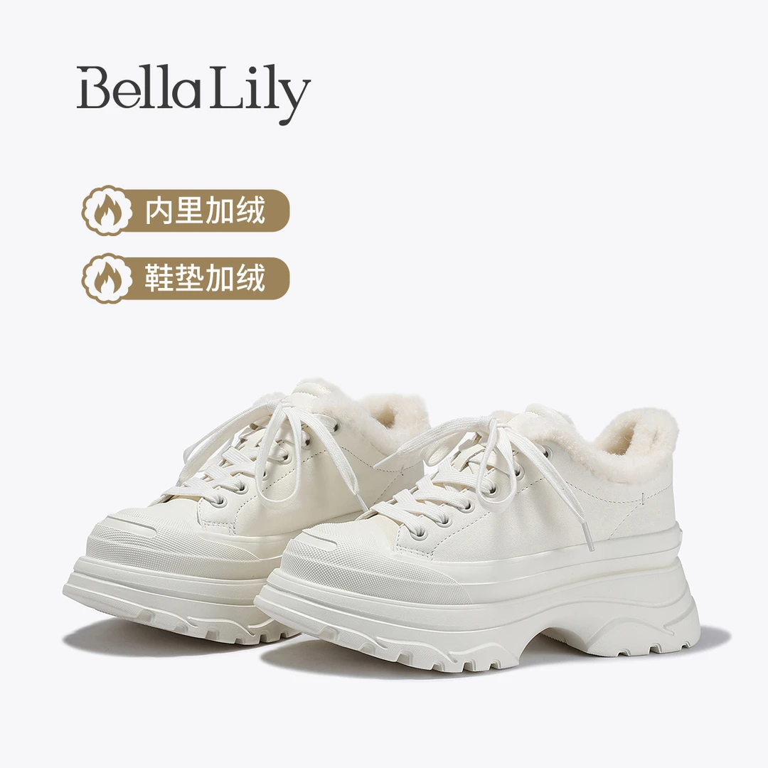 BellaLily冬季新款经典百搭厚底小白鞋加绒保暖牛皮休闲鞋女