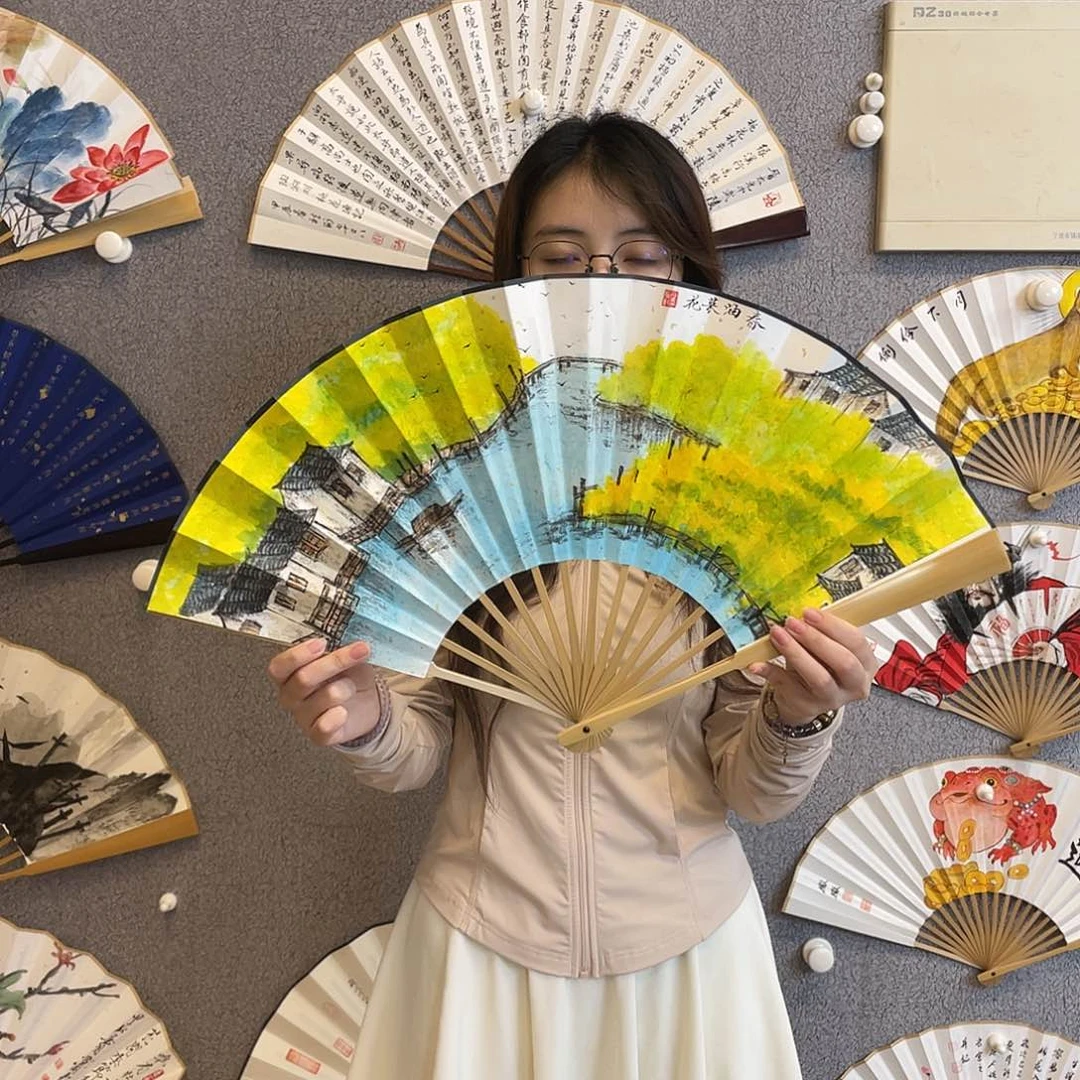 国画10寸玉竹-纯手绘-文玩扇骨（默认粘好）