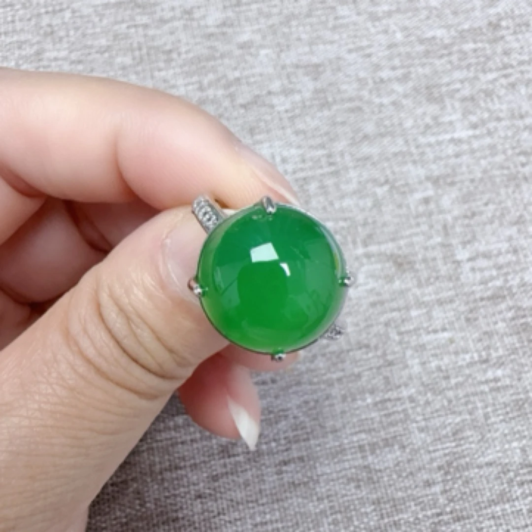 桐掌柜珠宝天然玉石高冰满绿正圆卡14mm单面戒指气质