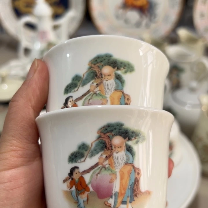 瓷片陶瓷制品寿星杯150毫升8个 杯内有落沙