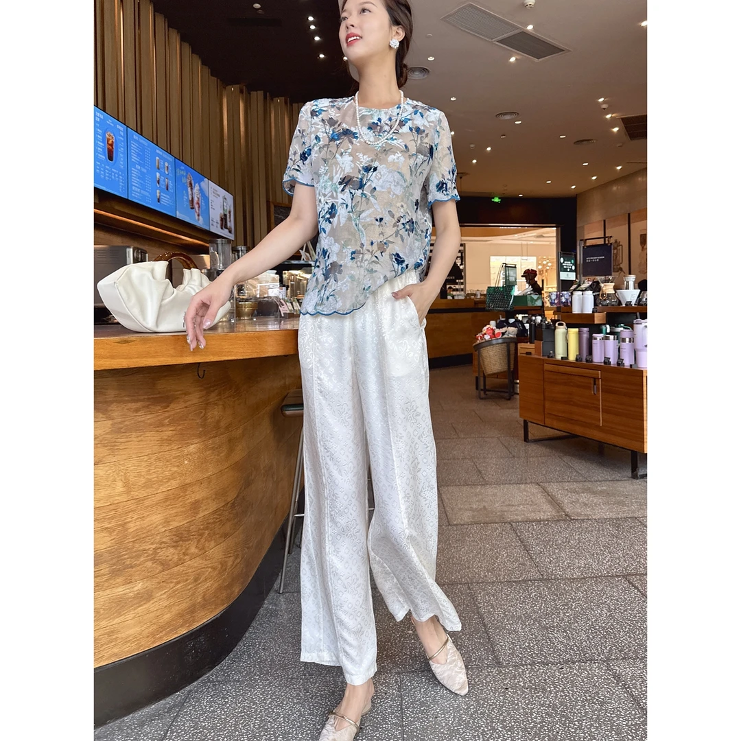 【深圳罗依】原创真丝休闲裤女桑蚕丝花罗中国风提花白色时尚直筒裤