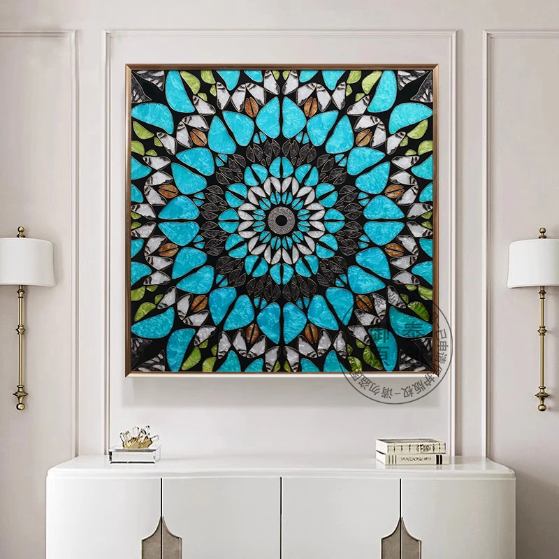 现代轻奢手绘珐琅彩装饰画抽象对称简约正方形客厅玄关挂画入户