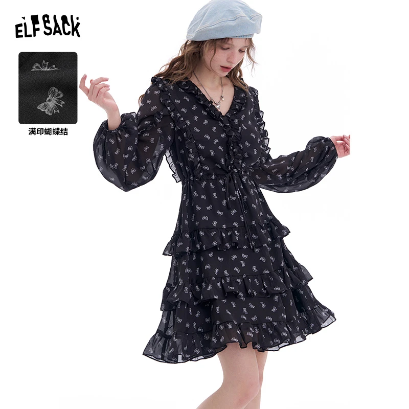 妖精的口袋 夜玫瑰舞会 蝴蝶结满印法式V领连衣裙2025早春新款