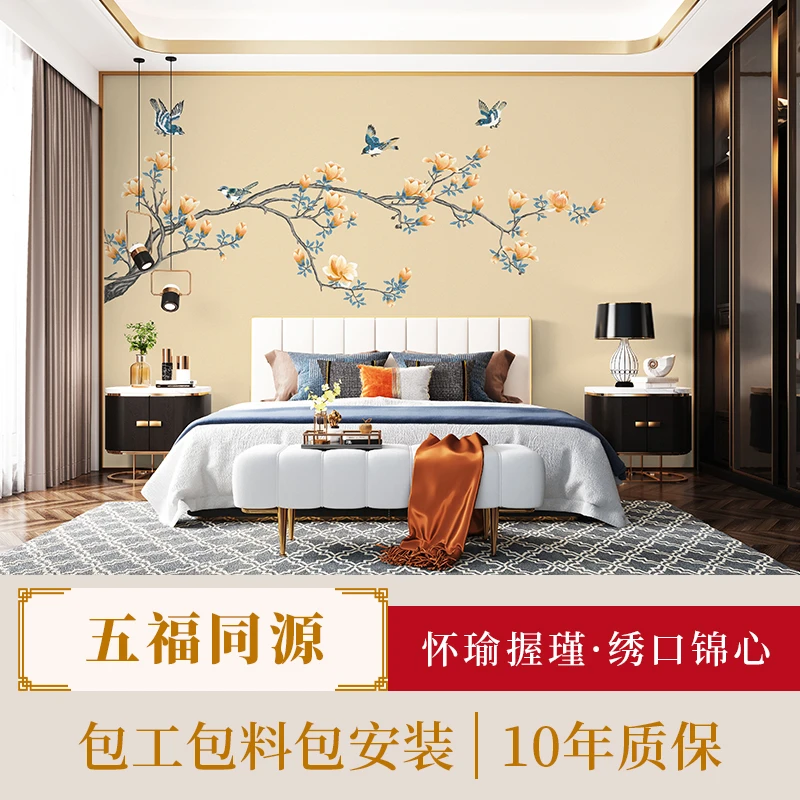 孙姐独绣 彩金板五福同源新中式 客厅背景 卧室 茶室 餐厅背景墙