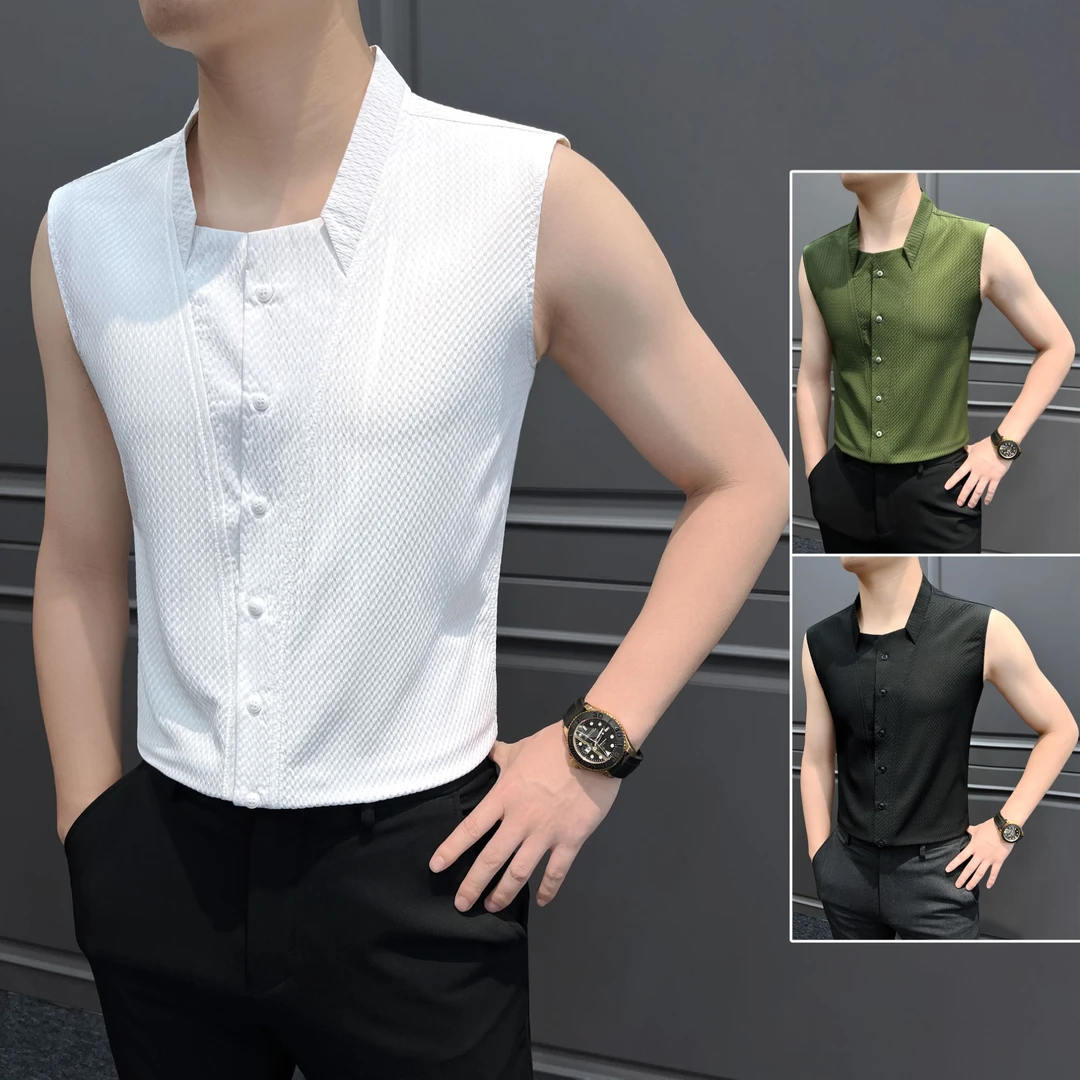 v领无袖衬衫男爆款2025新款痞帅高级感男装商务白色格子男士衬衣