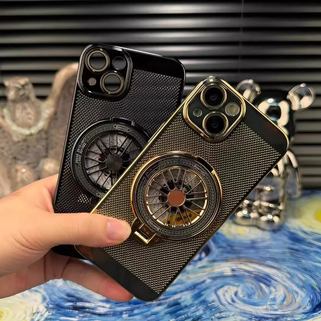 适用【苹果14plus】【解压支架+高清镜头膜】电镀散热防摔壳