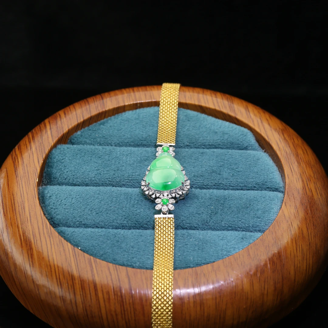 FC54天然缅甸A货18k冰种飘阳绿葫芦手链/500017/保利厦门拍卖