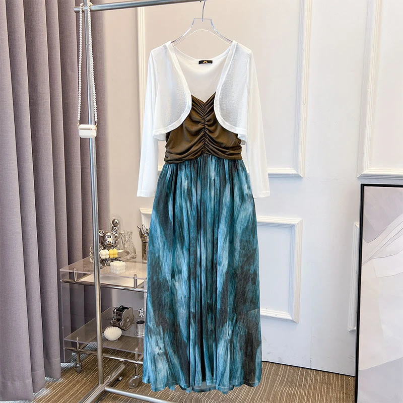 【63868】120-300斤大码女装连衣裙两件套春秋新款开衫吊带A字裙