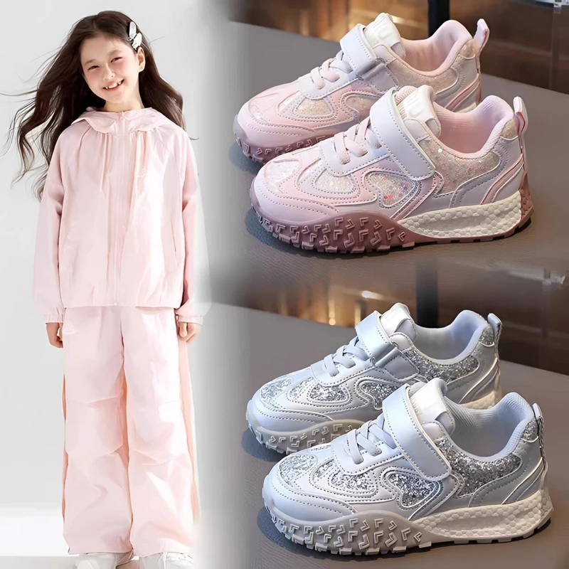 ABC2025年女童运动鞋春季粉色魔术贴儿童鞋子小女孩休闲跑步鞋子