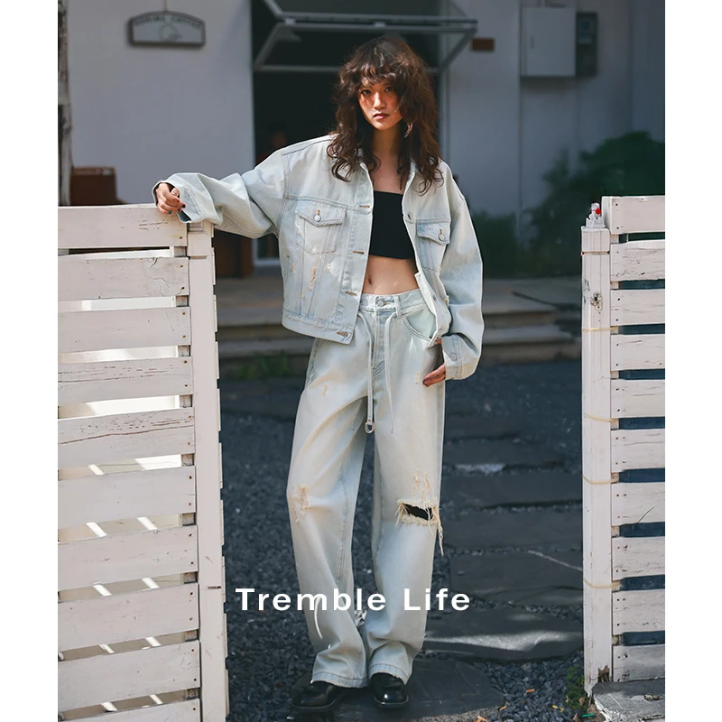 Tremble Life·美式复古大牛宽松破洞阔腿牛仔裤女2025新款