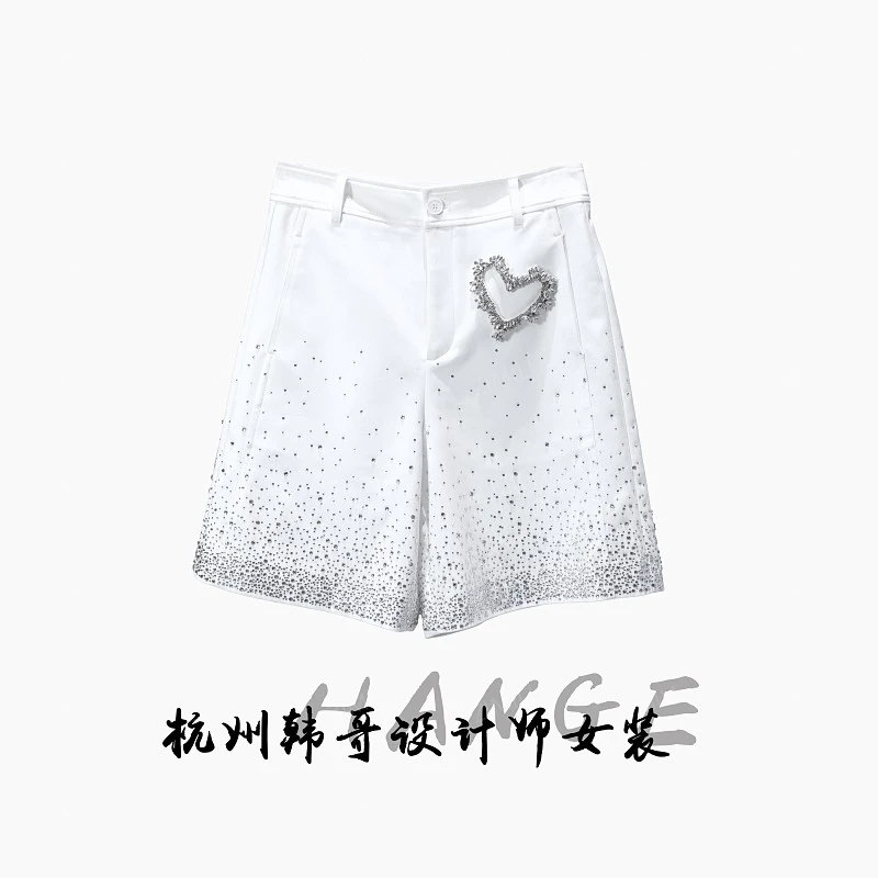 【韩哥女装】2025欧版设计师月光白烫钻时尚A字高腰短裤9166-H2