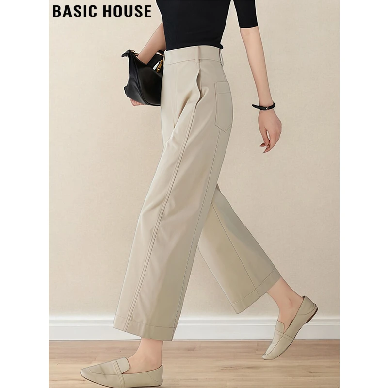 Basic House/百家好通勤卡其色九分阔腿裤女秋季高腰镰刀直筒裤子
