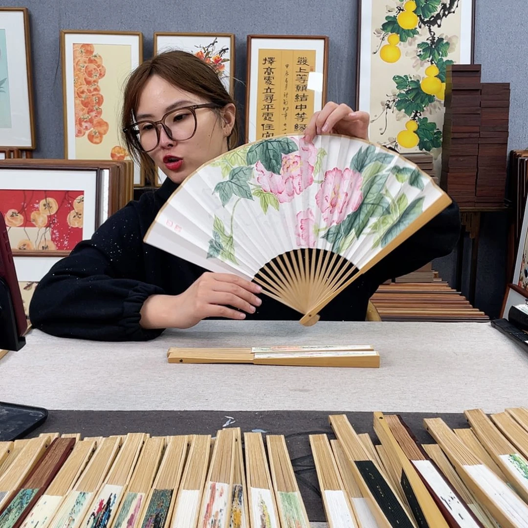 国画95寸玉竹-纯手绘-文玩扇骨（默认粘好）