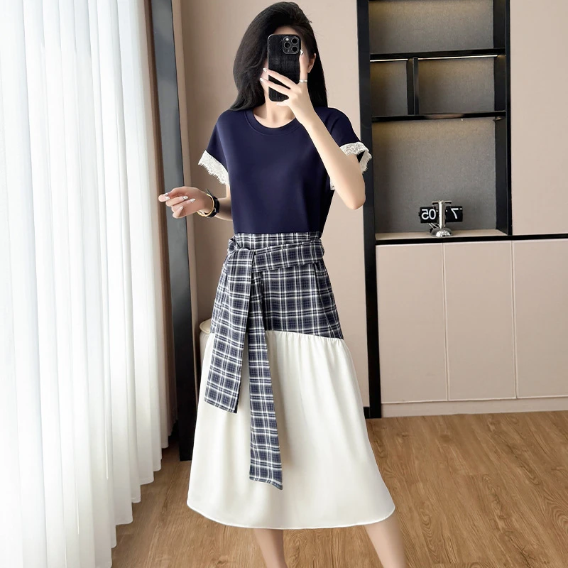 gcjsp3637时尚格子拼接连衣裙女2025夏季系带收腰中长款大码T恤裙