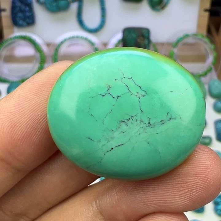 云盖高瓷蓝绿水草纹扁珠