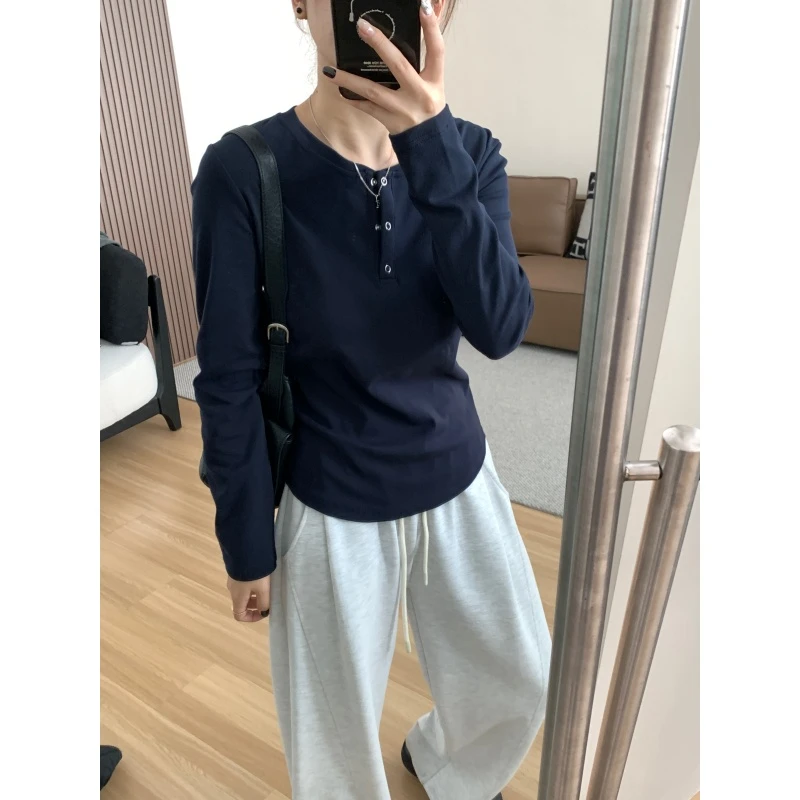 JMHH【清风】三粒扣套头长袖T恤女春秋基础纯色百搭正肩打底衫上衣