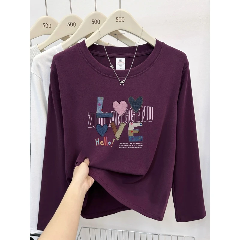 乌梅紫大码女装正肩长袖t恤秋冬季内搭打底衫胖mm遮肚子显瘦上衣