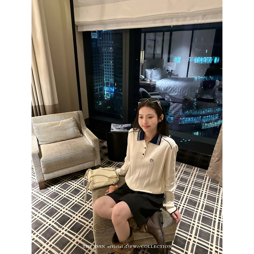 THEISSN宁司 撞色polo领针织衫女早秋韩系显瘦上衣 01402