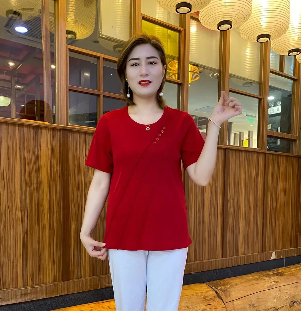 夏季新款时尚圆领洋气宽松型纯色女士百搭显瘦妈妈装上衣