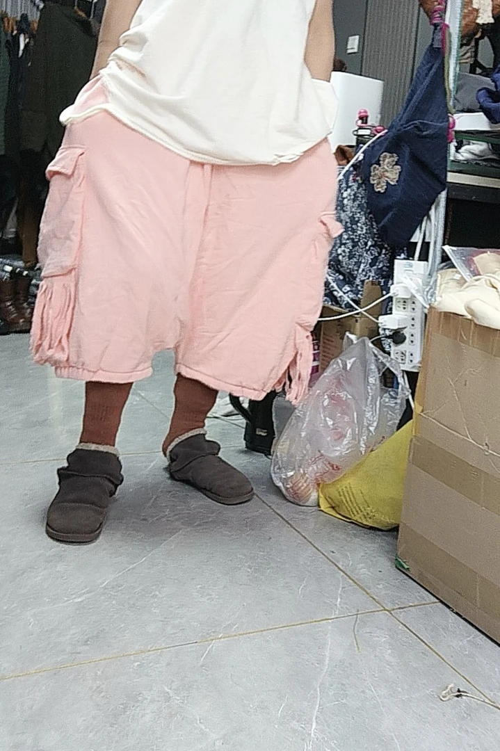 无吊牌水洗做旧脏洗米色双层流苏口袋一字档裤子