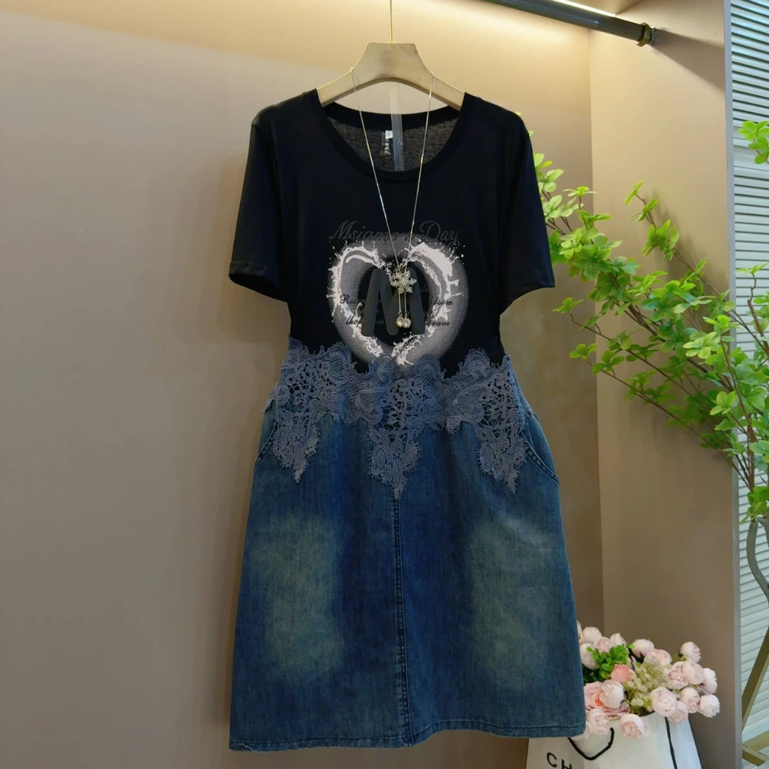 气质大码洋气夏季新款显瘦拼接时尚牛仔百搭连衣裙（衣长98左右）