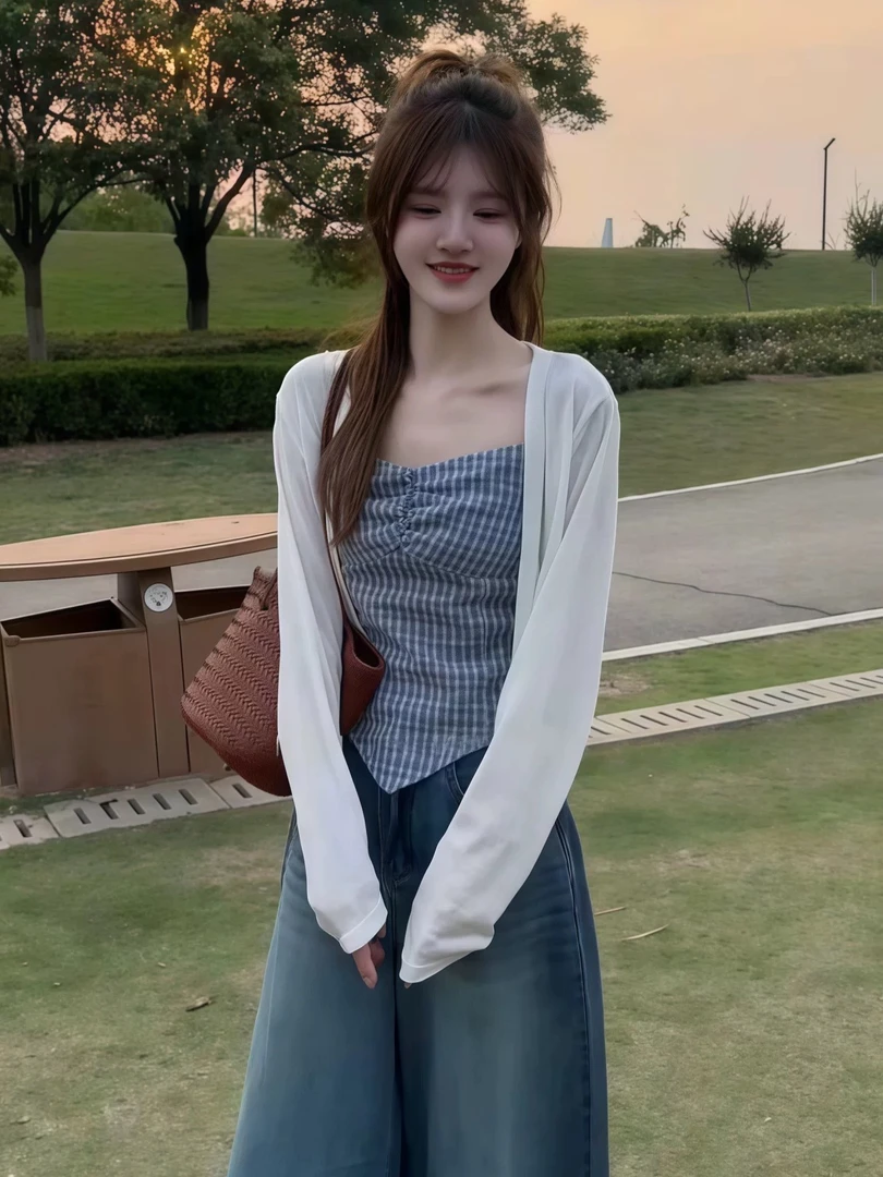 日式辣妹风网红秋季设计感格子不规则显瘦吊带背心防晒衫时尚套装