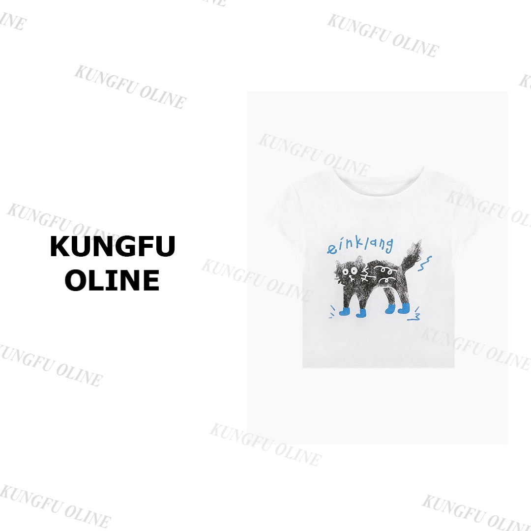 【祎祎】【炸毛小猫】T7761天丝亚麻卡通印花圆领短袖T恤潮流休闲上衣