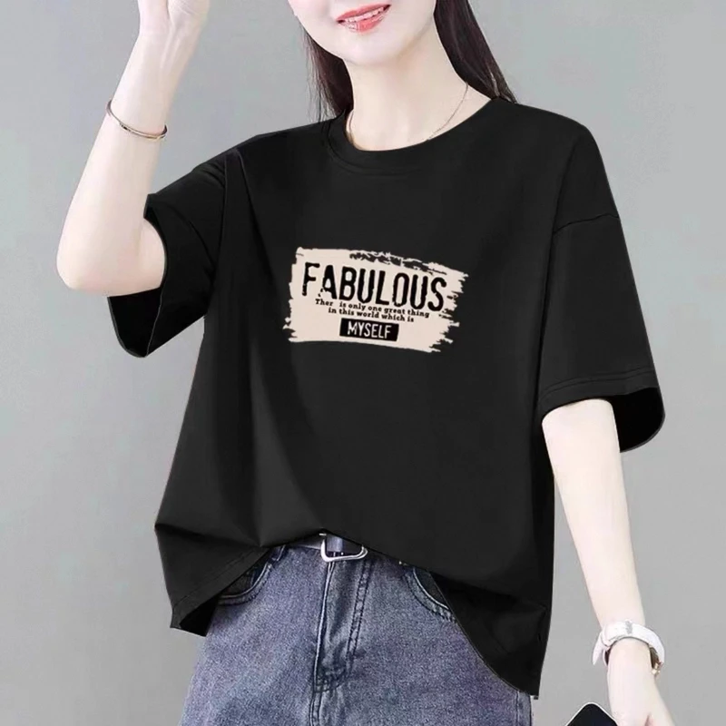 纯棉短袖t恤女宽松显瘦2025夏季新款韩版上衣休闲大码胖mm体恤衫