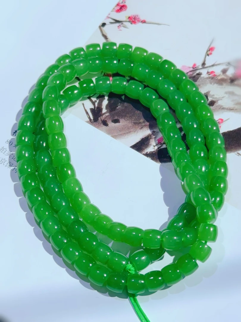 和田玉苹果绿直切珠链碧玉项链