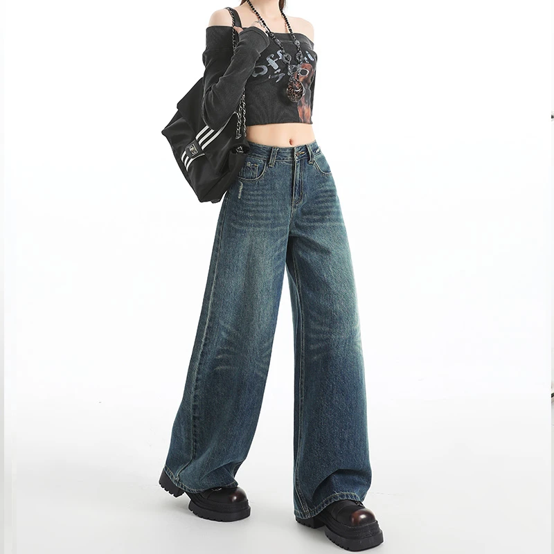 米莱jiaer/美式烟花纹阔腿牛仔裤女2025秋季新款显瘦垂感拖地裤女