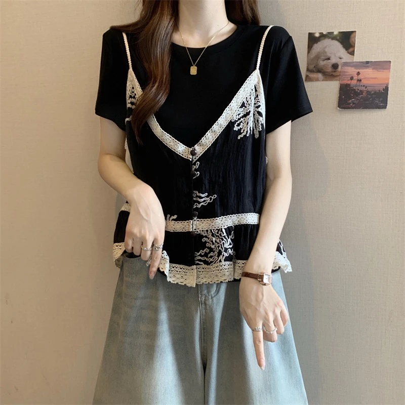 大码法式遮肚子减龄短袖衬衫女夏季胖妹妹显瘦百搭时尚假两件上衣