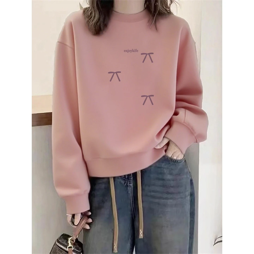 粉色圆领卫衣女2025新款爆款春秋宽松加绒慵懒美式小个子套头上衣