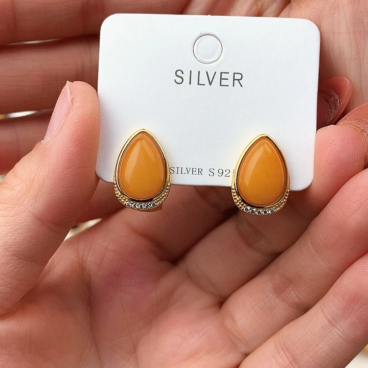 蜜蜡耳饰银S925镶嵌耳饰