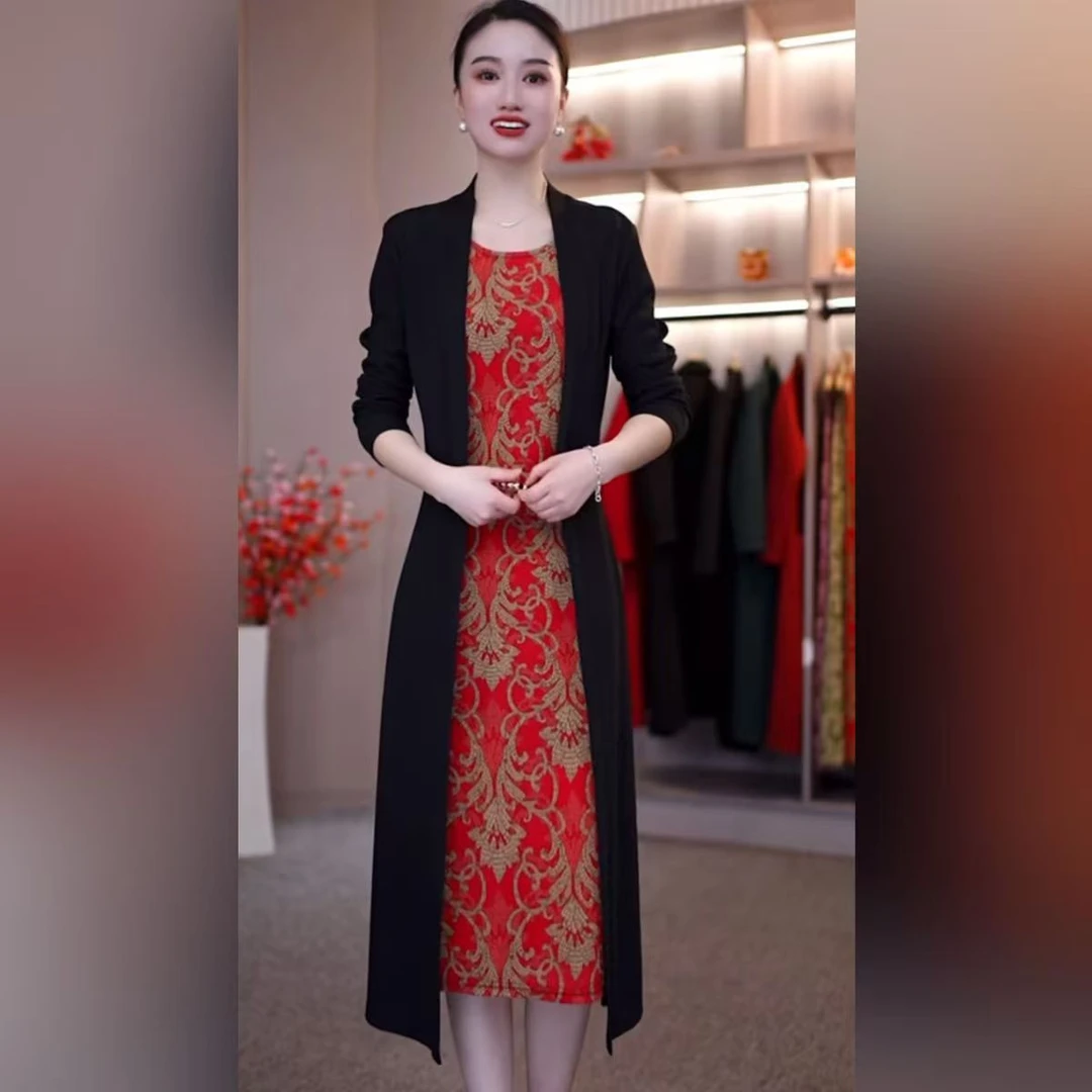中年气质妈妈装秋季假两件显瘦连衣裙长袖