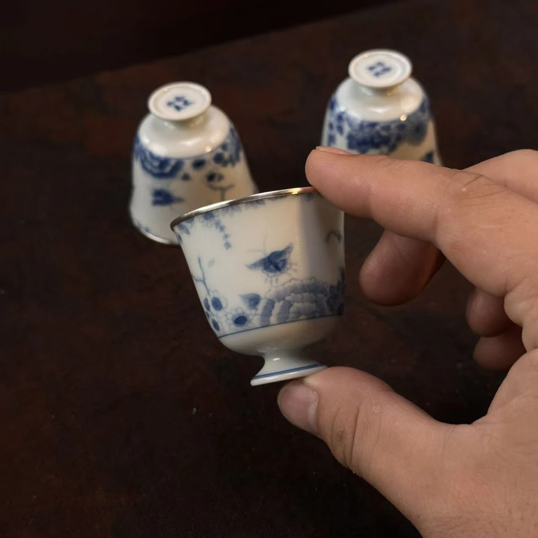 景德镇手绘蝶恋花主人杯包银口