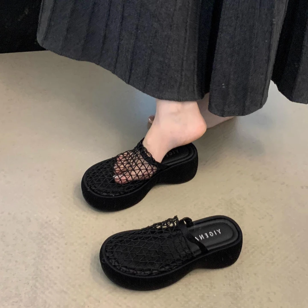【专柜品质】高跟5小众网面黑色凉鞋女夏松糕底气质拖鞋罗马鞋