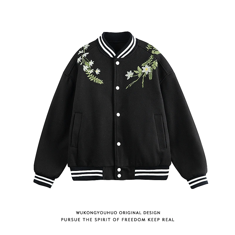 悟空有货潮牌美式花卉刺绣球服外套男秋季情侣宽松百搭休闲夹克