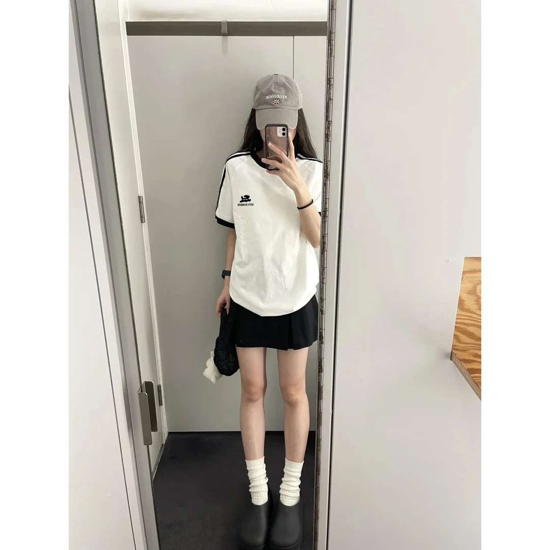 夏季简约时尚休闲百搭韩版宽松短袖t恤女潮流学院风圆领上衣