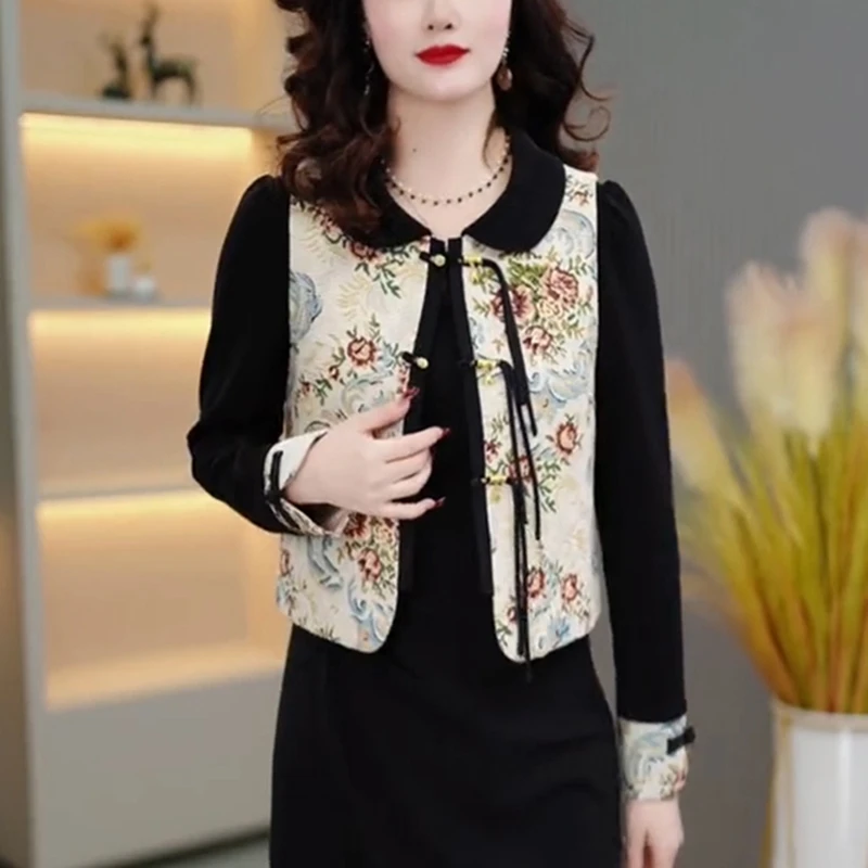 新中式国风套装裙女秋冬新款复古盘扣百搭背心马甲配连衣裙两件套