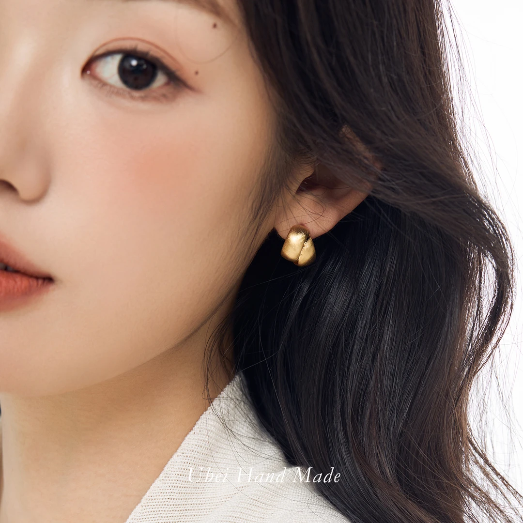 纯铜耳饰 法式复古拉丝金属耳环小众设计高级感轻奢气质耳饰