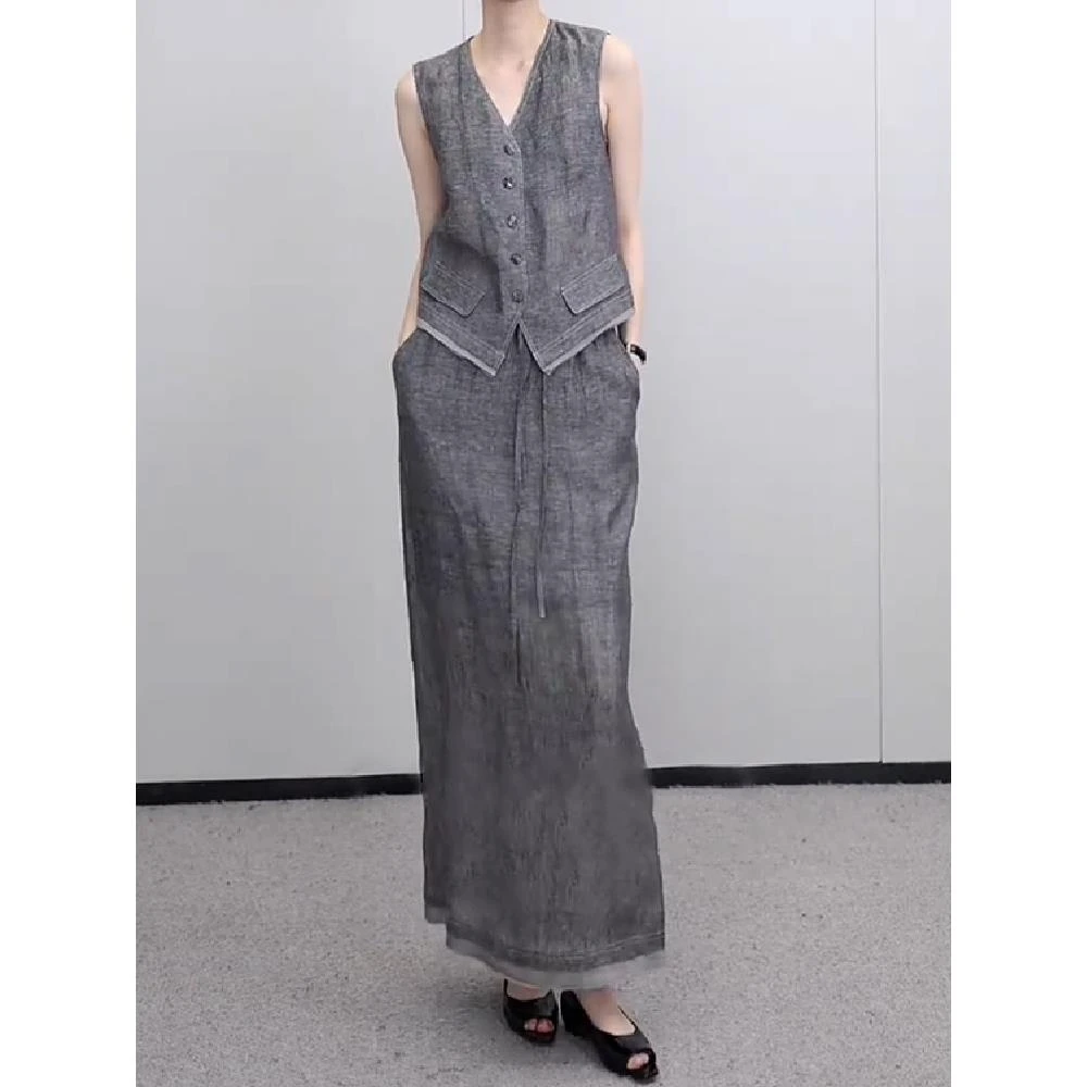 老钱风职业通勤灰色马甲亚麻套装裙女装2025大方得体穿搭一整套夏