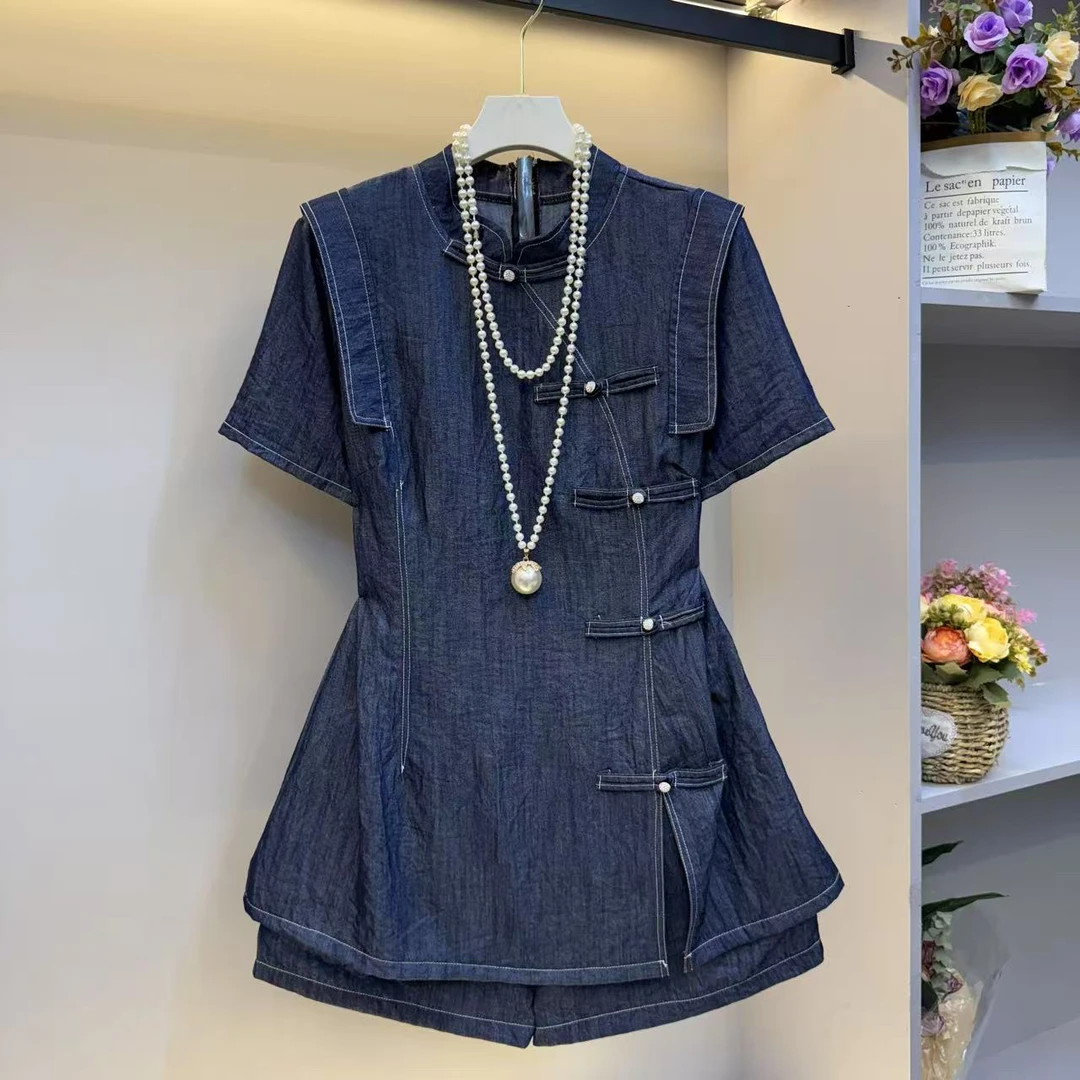 时尚大码女装新中式盘扣牛仔上衣短裤时尚气质两件套